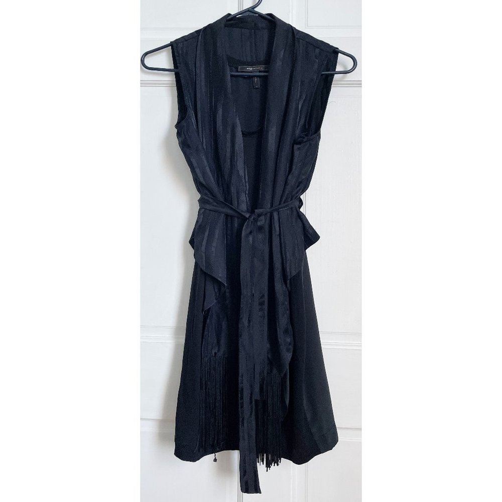 BCBG Maxazria Silk Black Dress Short Sleeveless Layered Vest Fringe Harley XS